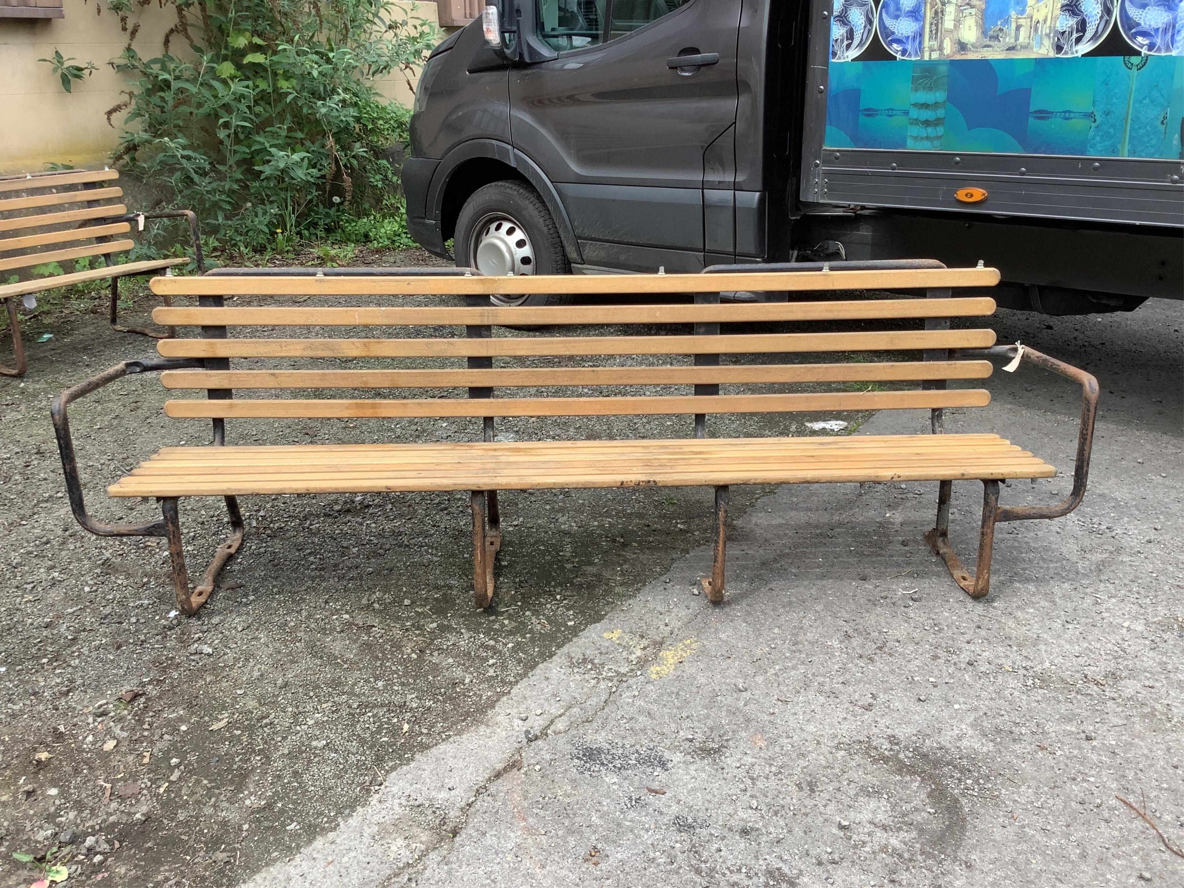 A mid century metal and slatted wood marine deck bench, width 230cm, depth 44cm, height 73cm